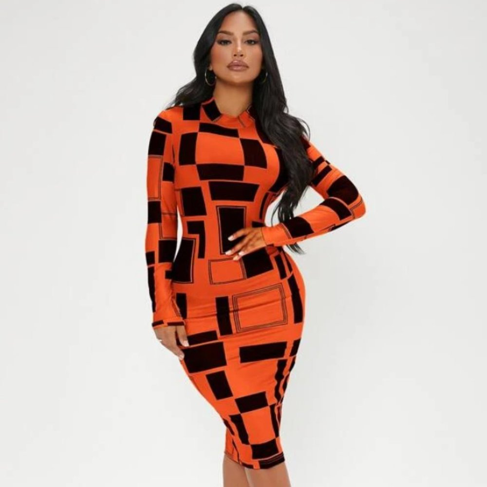 Orange & Black Geo Print Mock Neck Bodycon Dress
